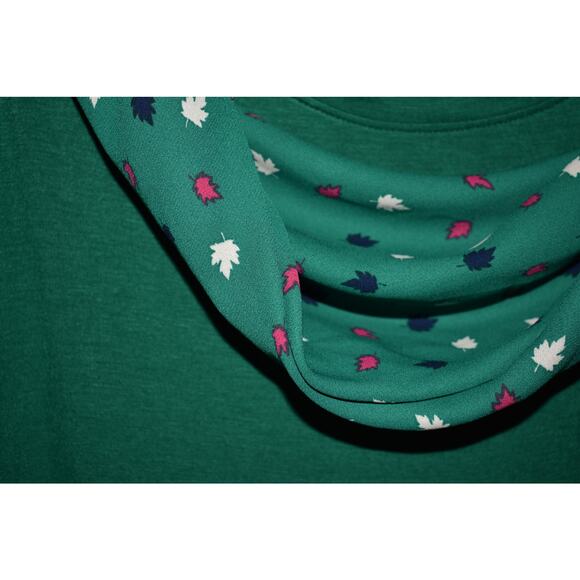 KIM‎ ROGERS NEW $46 Green Long Sleeve Leaf Print Trim Top Cowl Neck Scarf XL - Picture 3 of 4